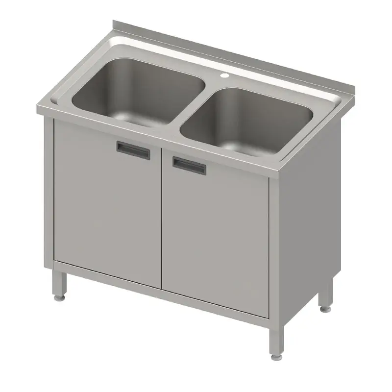Spülschrank mit Flügeltüren 1000x600x850 mm, mit zwei Becken mit Aufkantung, verschweißt