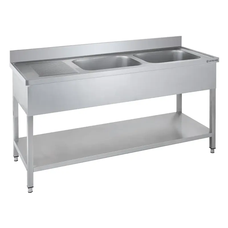 Spültisch Basic 16x6 mit 2 Becken rechts, Aufkantung und Grundboden