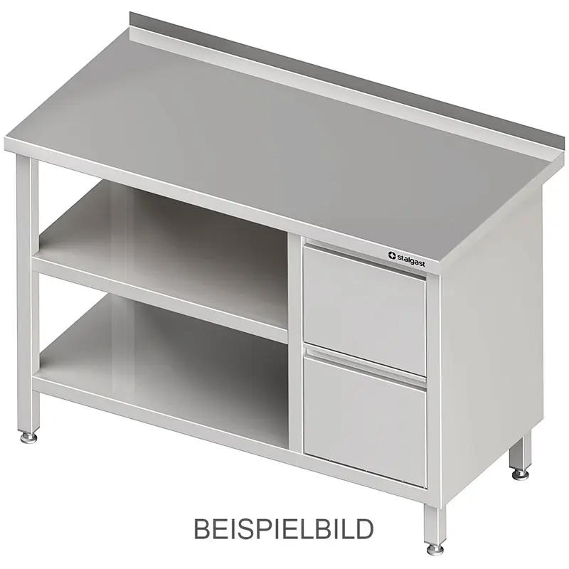 Stalgast Arbeitstisch mit Grund- und Zwischenboden, 2100x600x850 mm, mit 2er Schubladenblock links, ohne Aufkantung, verschweißt