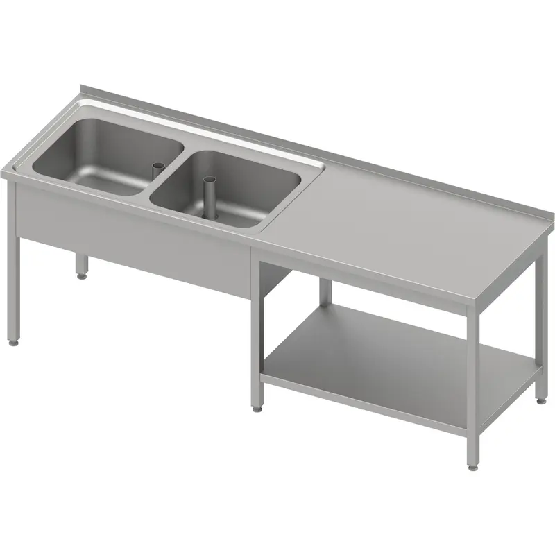 Stalgast Cheftisch mit Grundboden unter der Arbeitsfläche, mit zwei Becken links 2600x600x850 mm, mit Aufkantung, verschweißt
