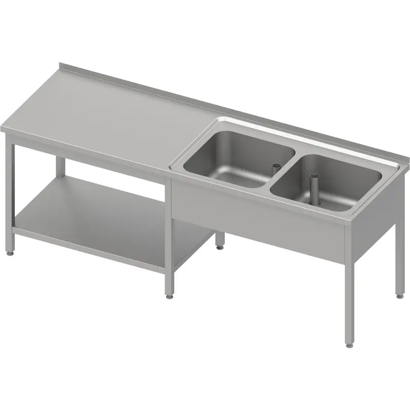 Stalgast Cheftisch mit Grundboden unter der Arbeitsfläche, mit zwei Becken rechts 2600x600x850 mm, mit Aufkantung, verschweißt