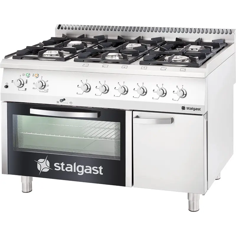 Stalgast Edelstahl Gasherd mit 6 Brennern (3,5+2x5+2x7+9), Elektro-Umluft-Backofen GN1/1 und Unterschrank, Serie 700 ND