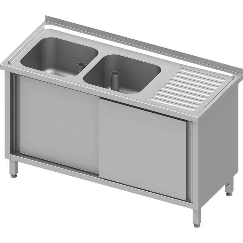 Stalgast Spülschrank mit Schiebetüren 1100x600x850 mm, mit zwei Becken links, mit Aufkantung, verschweißt