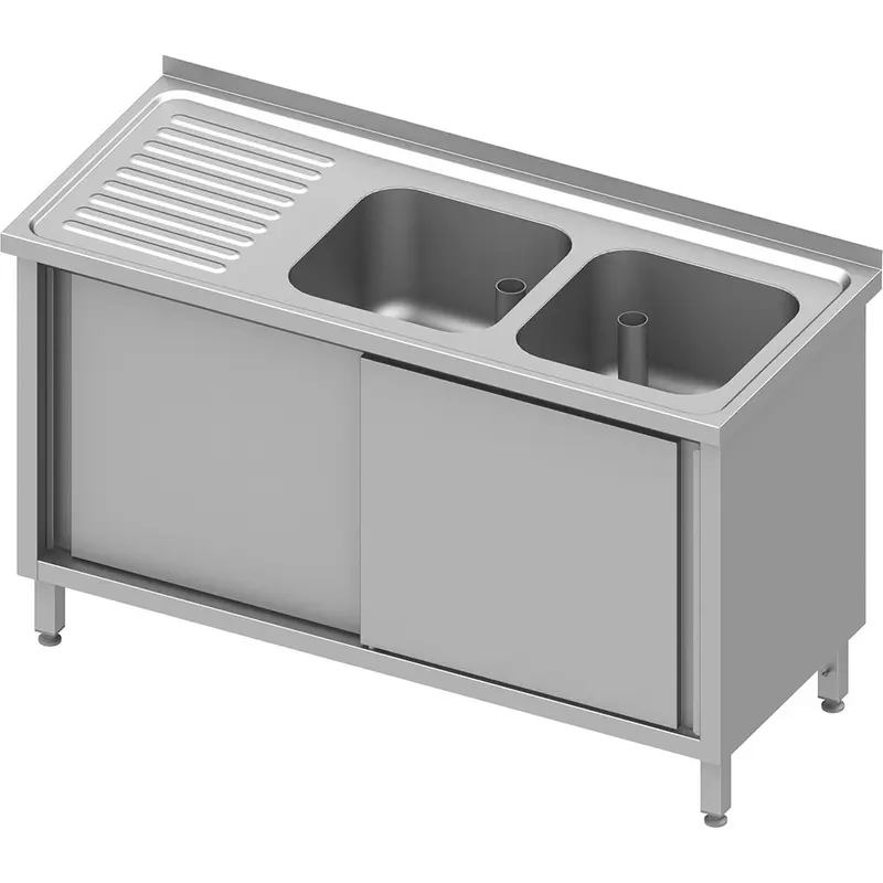 Stalgast Spülschrank mit Schiebetüren 1200x700x850 mm, mit zwei Becken rechts, mit Aufkantung, verschweißt