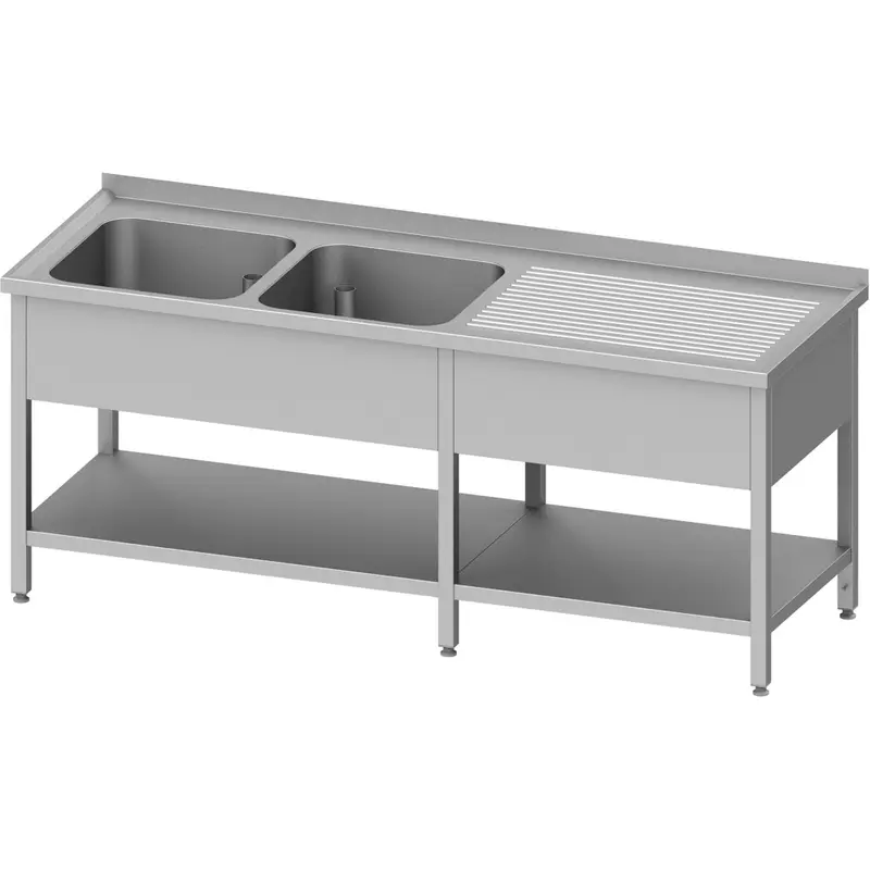 Stalgast Spültisch mit Grundboden, 2200x600x850 mm, mit zwei Becken links, mit Aufkantung, verschweißt