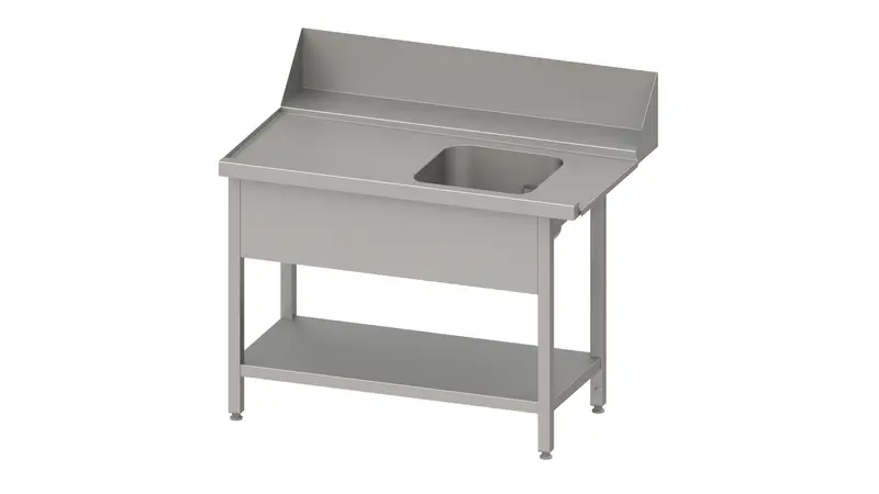 Stalgast Zulauftisch "Pro", Korbführung mit Gefälle, mit Grundboden und einem Becken 1600x750x880 mm, Anbauseite links, mit Aufkantung 200 mm und Beckenblende, verschweißt