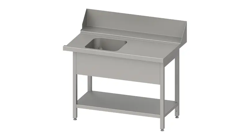 Stalgast Zulauftisch "Pro", Korbführung mit Gefälle, mit Grundboden und einem Becken 1600x750x880 mm, Anbauseite rechts, mit Aufkantung 200 mm und Beckenblende, verschweißt