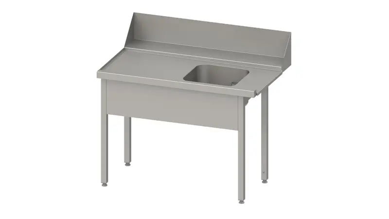 Stalgast Zulauftisch "Pro", Korbführung mit Gefälle, ohne Grundboden mit einem Becken 1600x750x880 mm, Anbauseite links, mit Aufkantung 200 mm und Beckenblende, verschweißt