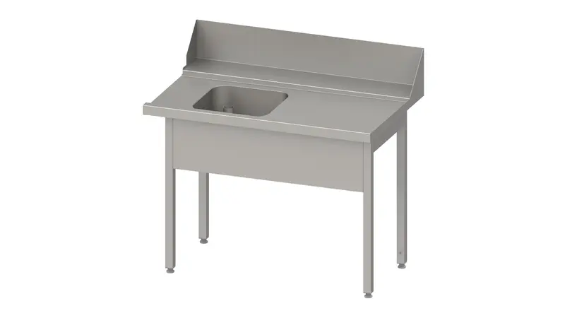 Stalgast Zulauftisch "PRO", Korbführung mit Gefälle, ohne Grundboden, mit einem Becken, 900x750x880 mm, Anbauseite rechts, mit Aufkantung 200 mm und Beckenblende, verschweißt