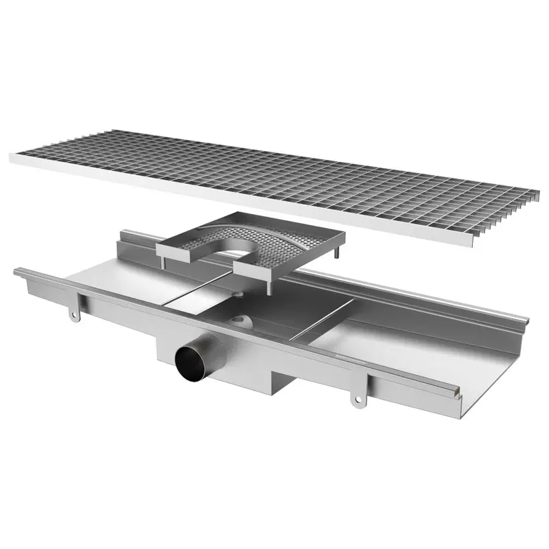 Virtus Bodenablaufrinne mit horizontalem Auslauf ø 63 mm und quadratischem Sieb, 1400x300x150 mm