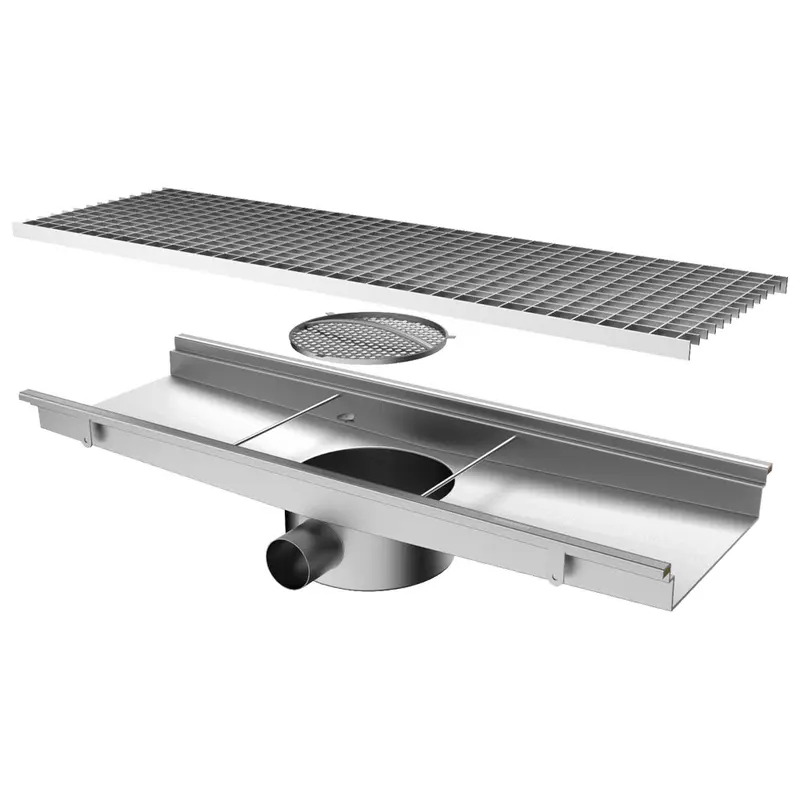Virtus Bodenablaufrinne mit horizontalem Auslauf ø 63 mm und rundem Sieb, 1050x300x150 mm