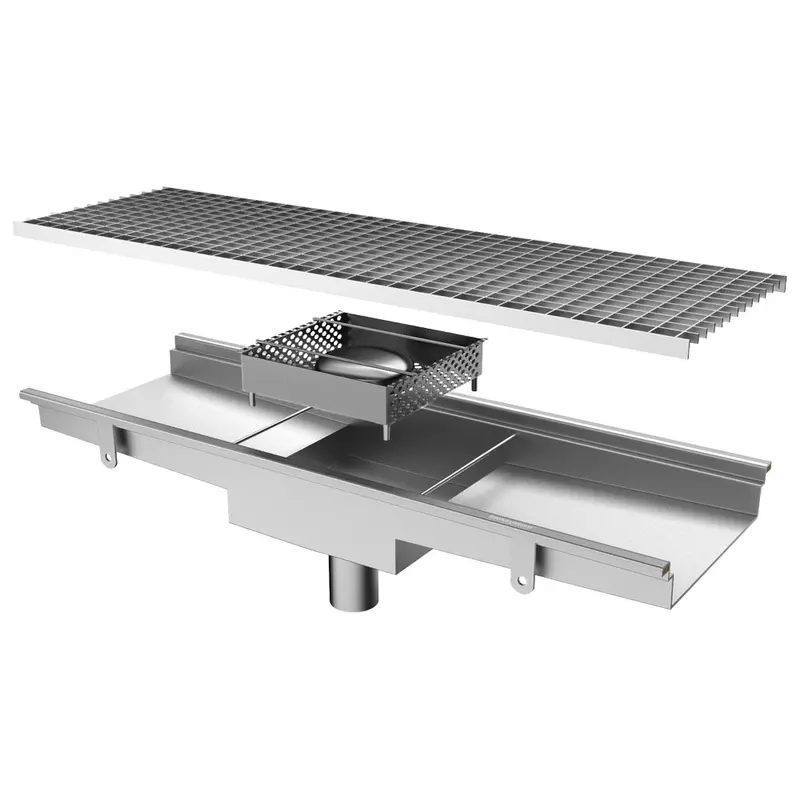 Virtus Bodenablaufrinne mit vertikalem Auslauf ø 63 mm und quadratischem Sieb, 1200x300x150 mm