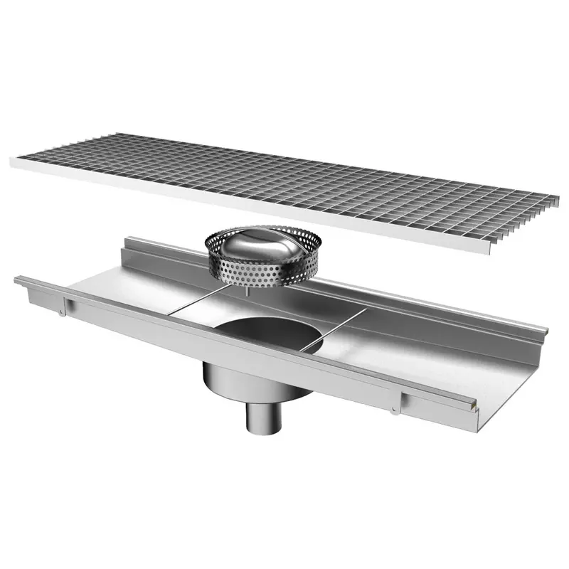 Virtus Bodenablaufrinne mit vertikalem Auslauf ø 63 mm und rundem Sieb, 1800x300x150 mm