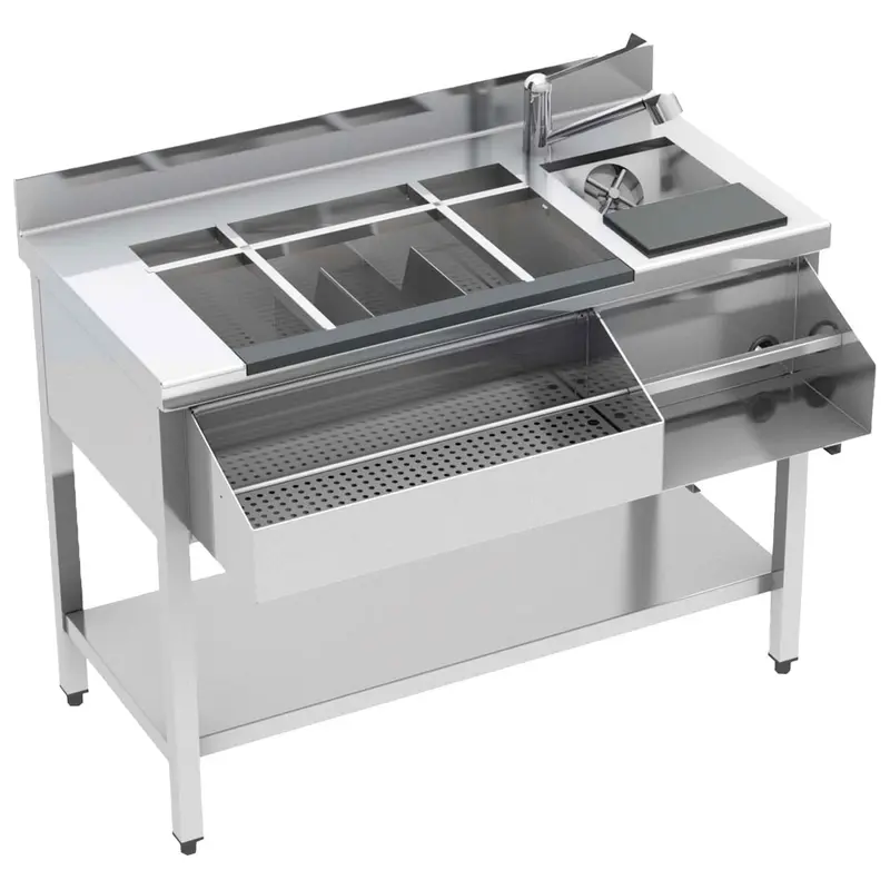 Virtus Cocktail Bar Station neutral mit Eiswanne, Flaschenhalter, Mixerregal, Spülbecken, 1500x720 mm