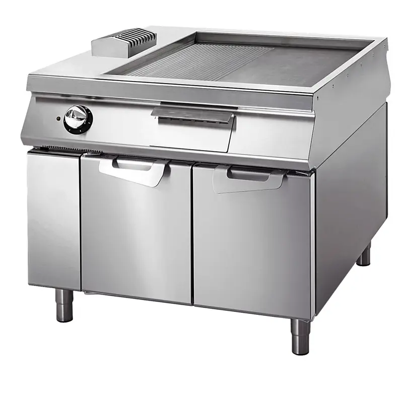 Virtus Elektro-Grillplatte ½ glatt ½ gerillt auf Unterbau mit Türen, Bedienung beidseitig
