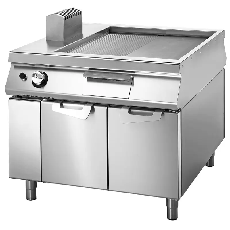 Virtus Gas-Grillplatte verchromt 2/3 glatt 1/3 gerillt auf Unterbau mit Türen, Bedienung beidseitig